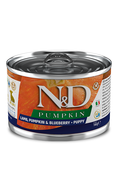 FARMINA N&amp;D PUMPKIN LAMB, PUMPKIN &amp; BLUEBERRY PUPPY MINI BREED CASE OF 6 WET CANNED DOG FOOD 140G