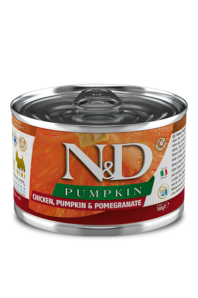 FARMINA N&amp;D PUMPKIN CHICKEN, PUMPKIN &amp; POMEGRANATE ADULT MINI BREED CASE OF 6 WET CANNED DOG FOOD 140G