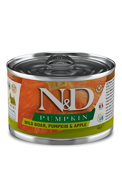 FARMINA N&amp;D PUMPKIN WILD BOAR, PUMPKIN &amp; APPLE ADULT MINI BREED CASE OF 6 WET CANNED DOG FOOD 140G