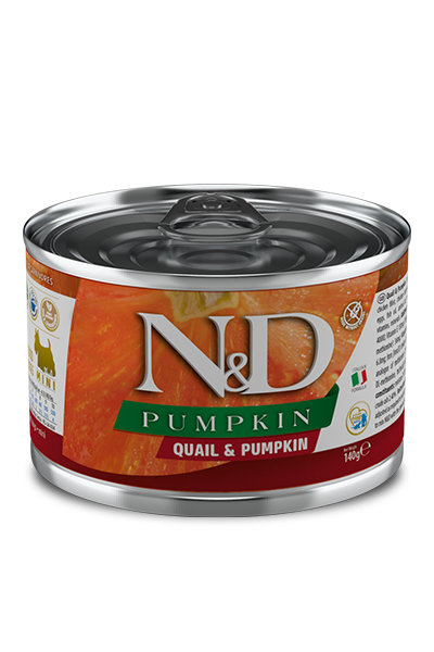 FARMINA N&amp;D PUMPKIN QUAIL &amp; PUMPKIN ADULT MINI BREED CASE OF 6 WET CANNED DOG FOOD 140G