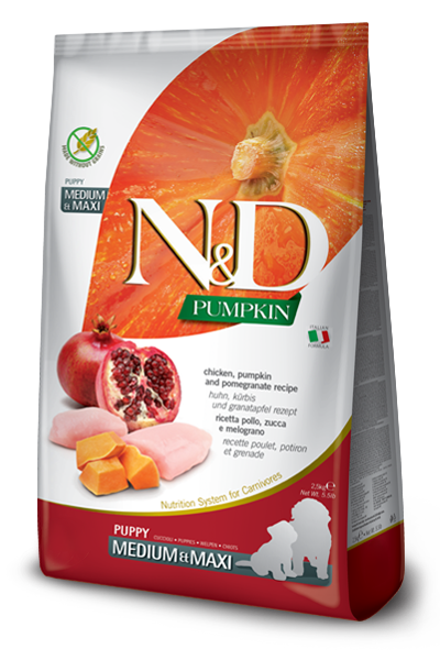 FARMINA N&amp;D PUMPKIN, CHICKEN, PUMPKIN AND POMEGRANATE RECIPE PUPPY MEDIUM AND MAXII BREED GRAIN FREE DRY DOG FOOD 12Kg