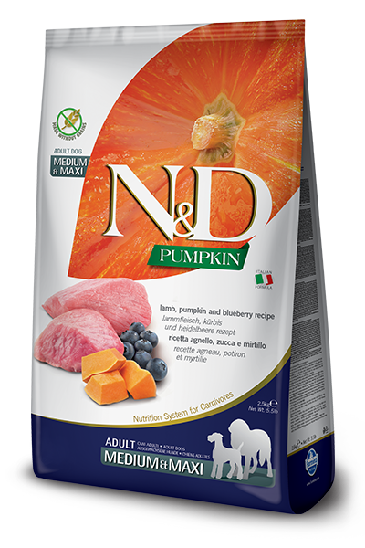 FARMINA N&amp;D PUMPKIN, LAMB &amp; BLUEBERRY ADULT MEDIUM AND MAXI BREED GRAIN FREE DRY DOG FOOD 12KG