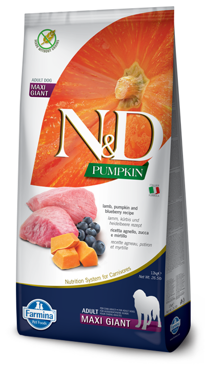 FARMINA N&amp;D PUMPKIN, LAMB &amp; BLUEBERRY ADULT MAXI GIANT BREED GRAIN FREE DRY DOG FOOD 12KG