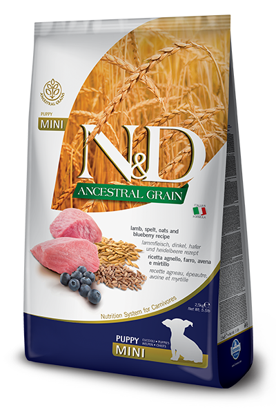 FARMINA N&amp;D ANCESTRAL GRAIN LAMB &amp; BLUEBERRY PUPPY MINI BREED DRY DOG FOOD 7KG