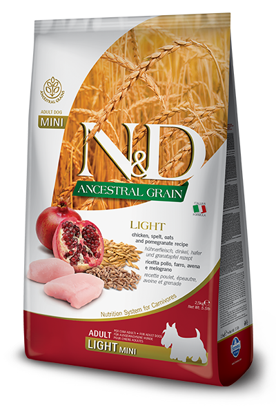 FARMINA N&amp;D ANCESTRAL GRAIN CHICKEN &amp; POMEGRANATE LIGHT ADULT MINI BREED DRY DOG FOOD 2.5KG