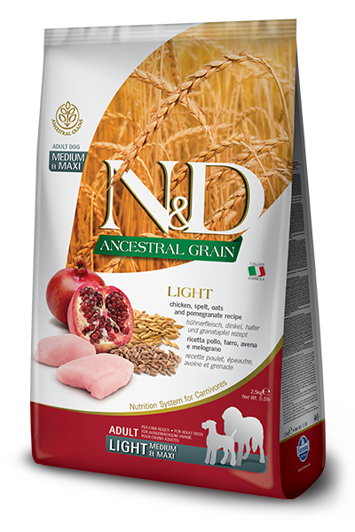 FARMINA N&amp;D ANCESTRAL GRAIN CHICKEN &amp; POMEGRANATE LIGHT ADULT MEDIUM AND MAXI BREED DRY DOG FOOD 12KG