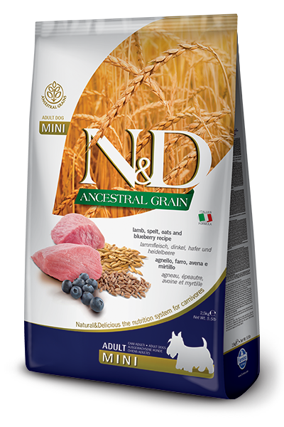 FARMINA N&amp;D ANCESTRAL GRAIN LAMB &amp; BLUEBERRY RECIPE ADULT MINI BREED DRY DOG FOOD 2.5KG