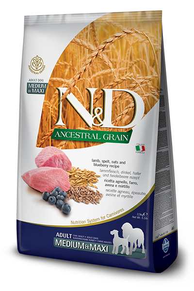 FARMINA N&amp;D ANCESTRAL GRAIN LAMB &amp; BLUEBERRY RECIPE ADULT MEDIUM AND MAXI BREED DRY DOG FOOD 12KG