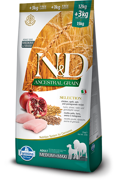 FARMINA N&amp;D ANCESTRAL GRAIN SELECTION RECIPE ADULT MEDIUM AND MAXI BREED DRY DOG FOOD 15KG