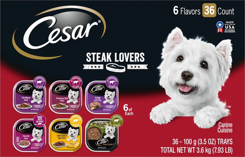 Cesar Steak Lovers Variety Pack of 36 Wet Dog Food Trays 3.6kg