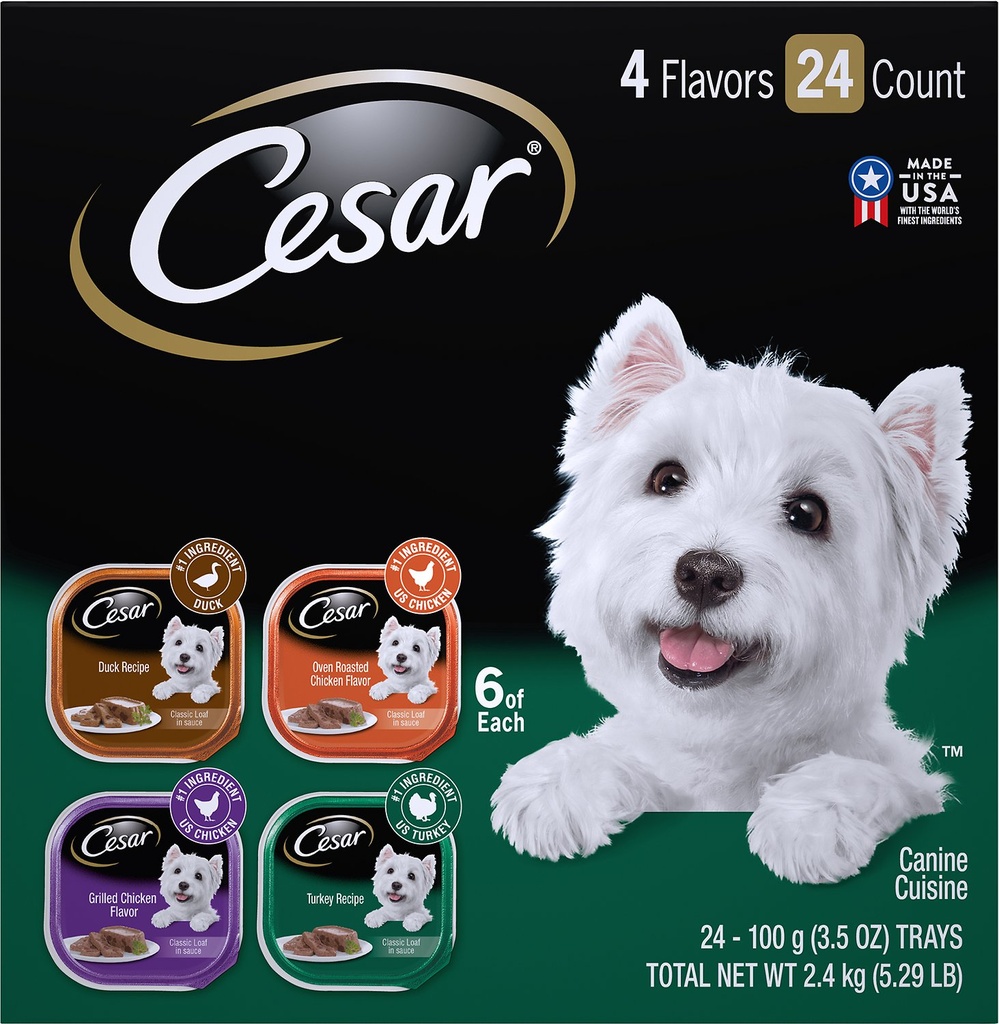 Cesar Poultry Variety Pack of 24 with Real Chicken, Turkey &amp; Duck Wet Dog Food Trays 2.4kg