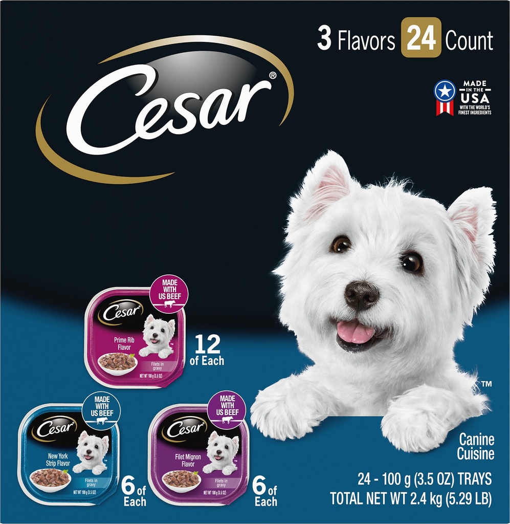 Cesar Filets in Gravy Beef Flavors Variety Pack of 3 Dog Food Trays 2.4kg