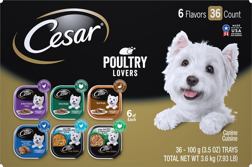 Cesar Poultry Lover's Variety Pack of 36 Wet Dog Food Trays 3.6kg