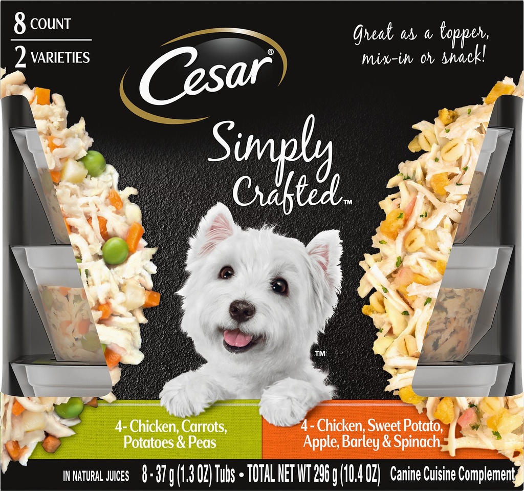 Cesar Simply Crafted Variety Pack of 8 Chicken, Carrots, Potatoes &amp; Peas &amp; Chicken, Sweet Potato, Apple, Barley &amp; Spinach Limited-Ingredient Wet Dog Food Topper 296g