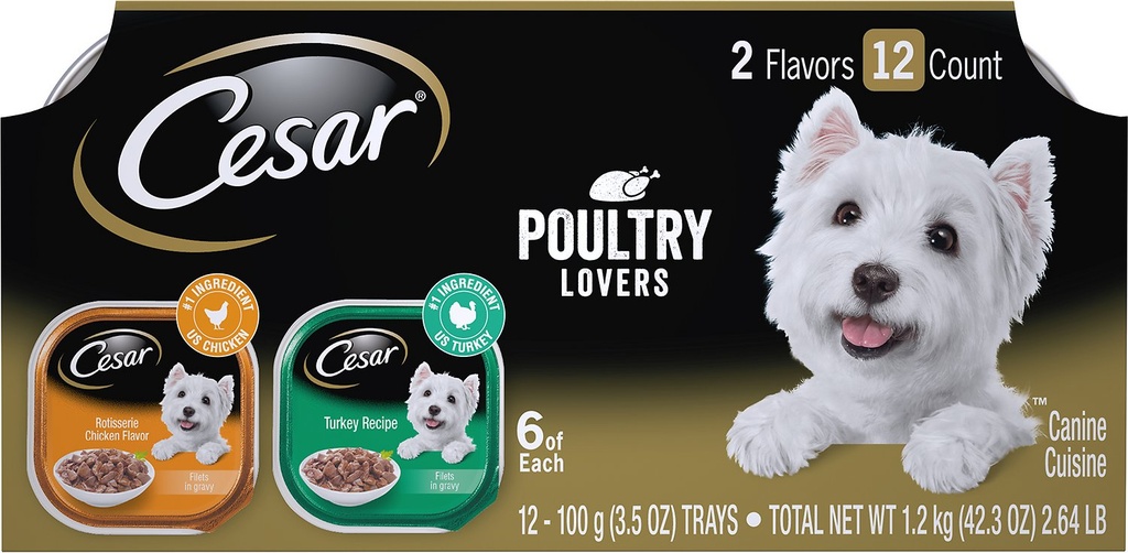 Cesar Poultry Lovers Turkey &amp; Chicken Filets in Gravy Multipack of 12 Wet Dog Food Trays 1.2kg