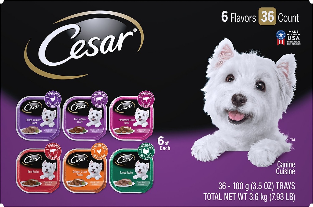 Cesar Classic Loaf in Sauce Variety Pack of 36 Wet Dog Food Trays 3.6kg