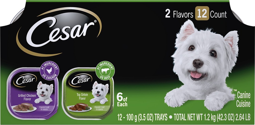 Cesar Classic Loaf in Sauce Top Sirloin &amp; Grilled Chicken Flavors Variety Pack of 12 Wet Dog Food Trays 1.2kg