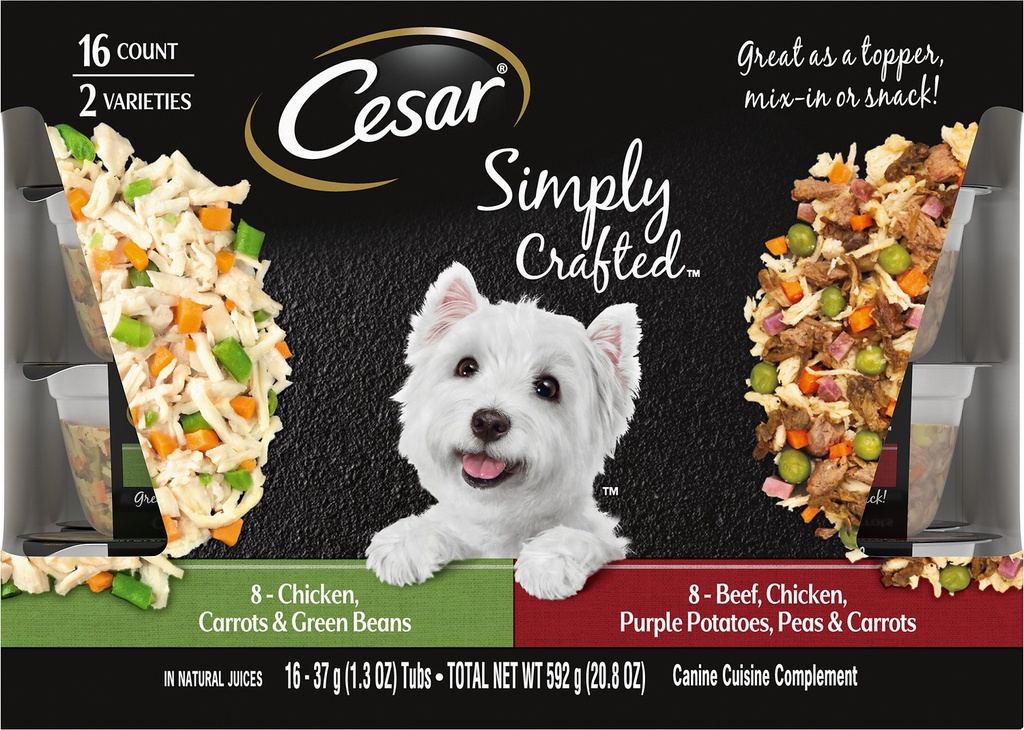 Cesar Simply Crafted Variety Pack of 16 Chicken, Carrots &amp; Green Beans &amp; Beef, Chicken, Purple Potatoes, Peas &amp; Carrots Wet Dog Food Topper 592g