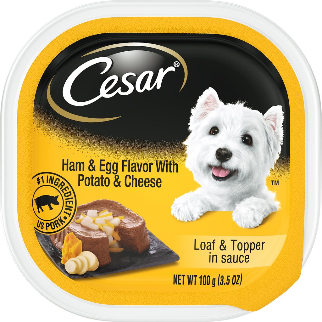 Cesar Loaf &amp; Topper in Sauce Ham &amp; Egg Flavor with Potato &amp; Cheese Case of 24 Wet Dog Food Trays 100g