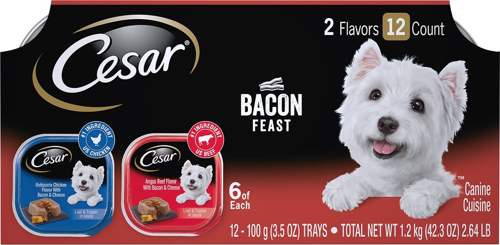 Cesar Bacon Feast Loaf &amp; Topper Multipack of 12 Wet Dog Food Trays 1.2kg