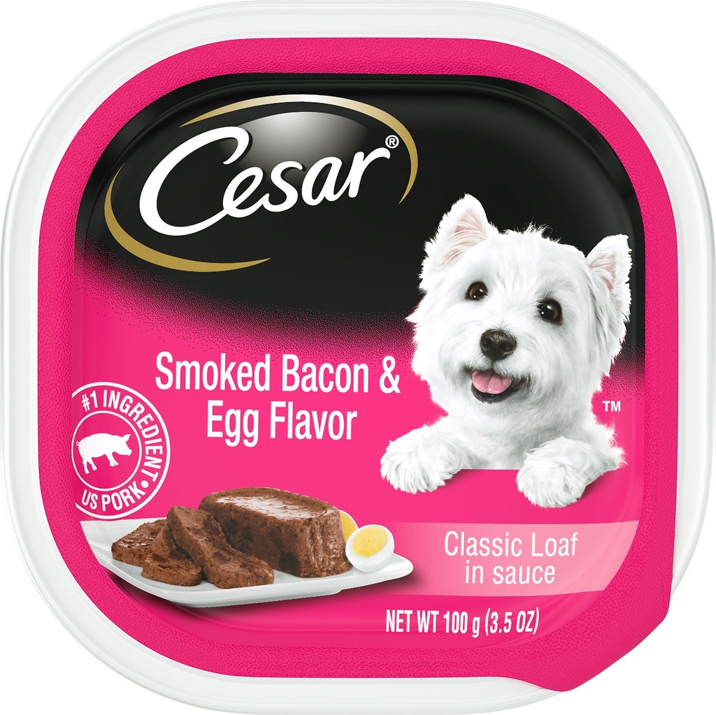 Cesar Classic Loaf in Sauce Smoked Bacon &amp; Egg Flavor Case of 24 Wet Dog Food Trays 100g