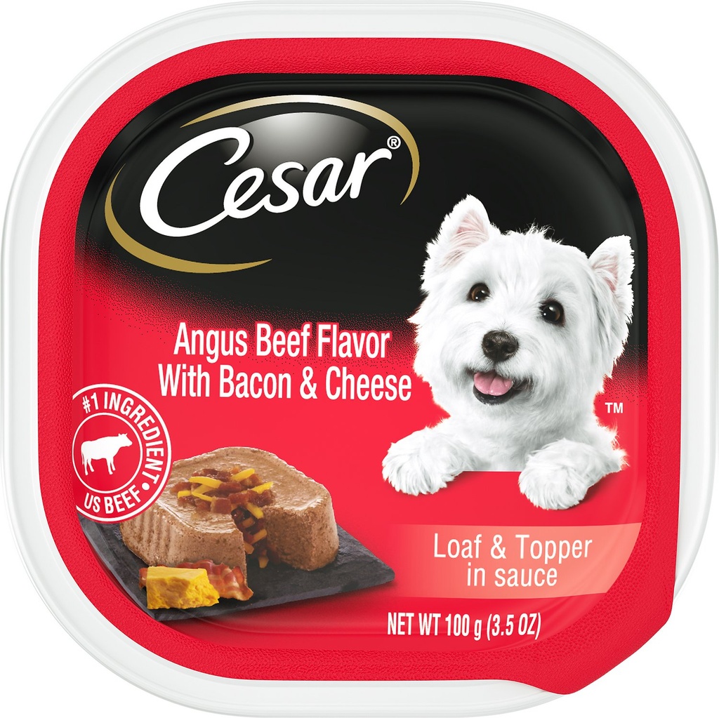 Cesar Loaf &amp; Topper in Sauce Angus Beef Flavor with Bacon &amp; Cheese Case of 24 Dog Food Trays 100g