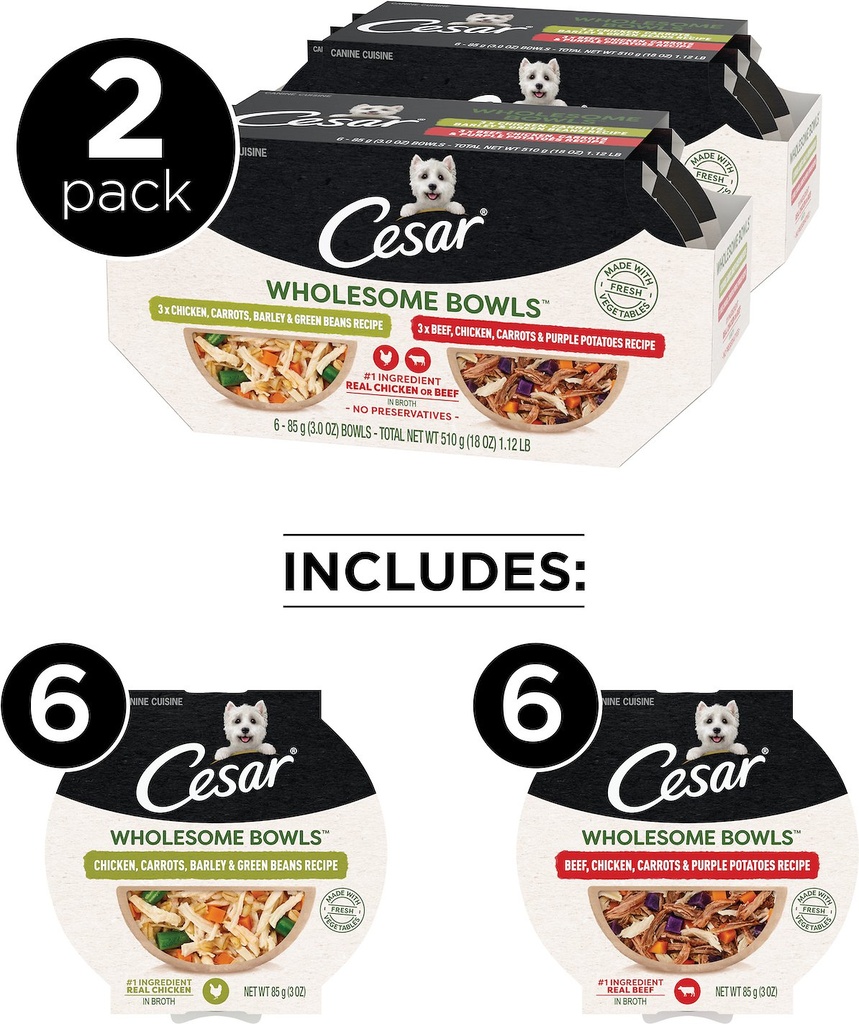 Cesar Wholesome Bowls Chicken, Carrots, Barley, Green Beans &amp; Beef, Chicken, Carrots, Potatoes Variety Pack of 12 Wet Dog Food 510g