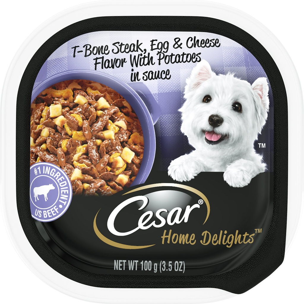 Cesar Home Delights T-Bone Steak, Egg &amp; Cheese Flavor with Potatoes in Sauce Case of 24 Wet Dog Food Trays 100g