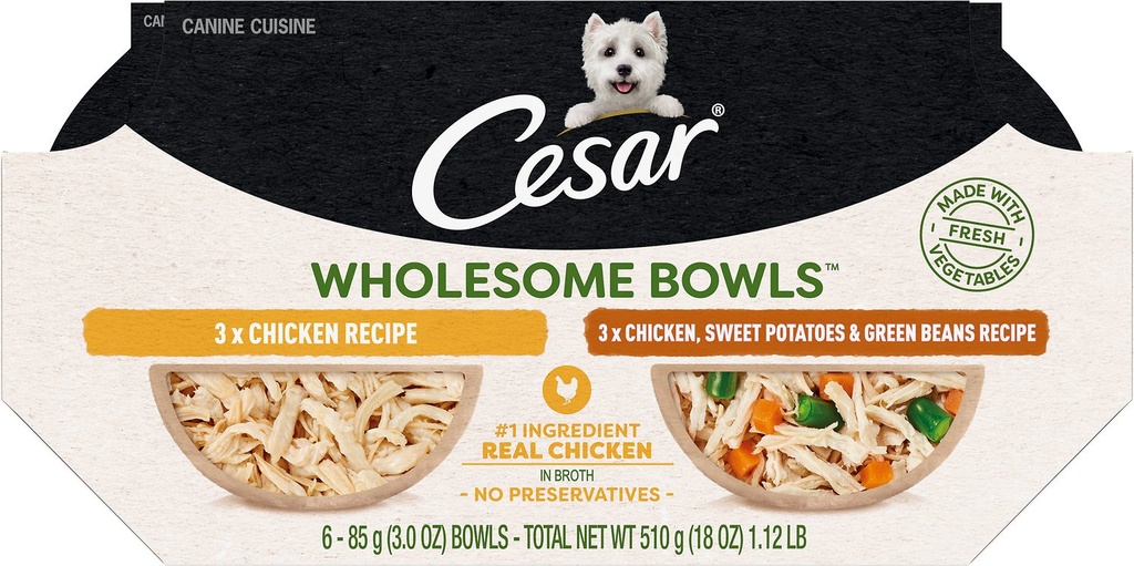 Cesar Wholesome Bowls Chicken Recipe &amp; Chicken, Sweet Potato, Green Beans Recipe Variety Pack of 12 Wet Dog Food,510g