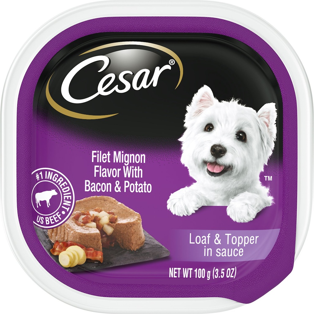 Cesar Loaf &amp; Topper in Sauce Filet Mignon Flavor with Bacon &amp; Potato Case of 24 Wet Dog Food Trays 100g