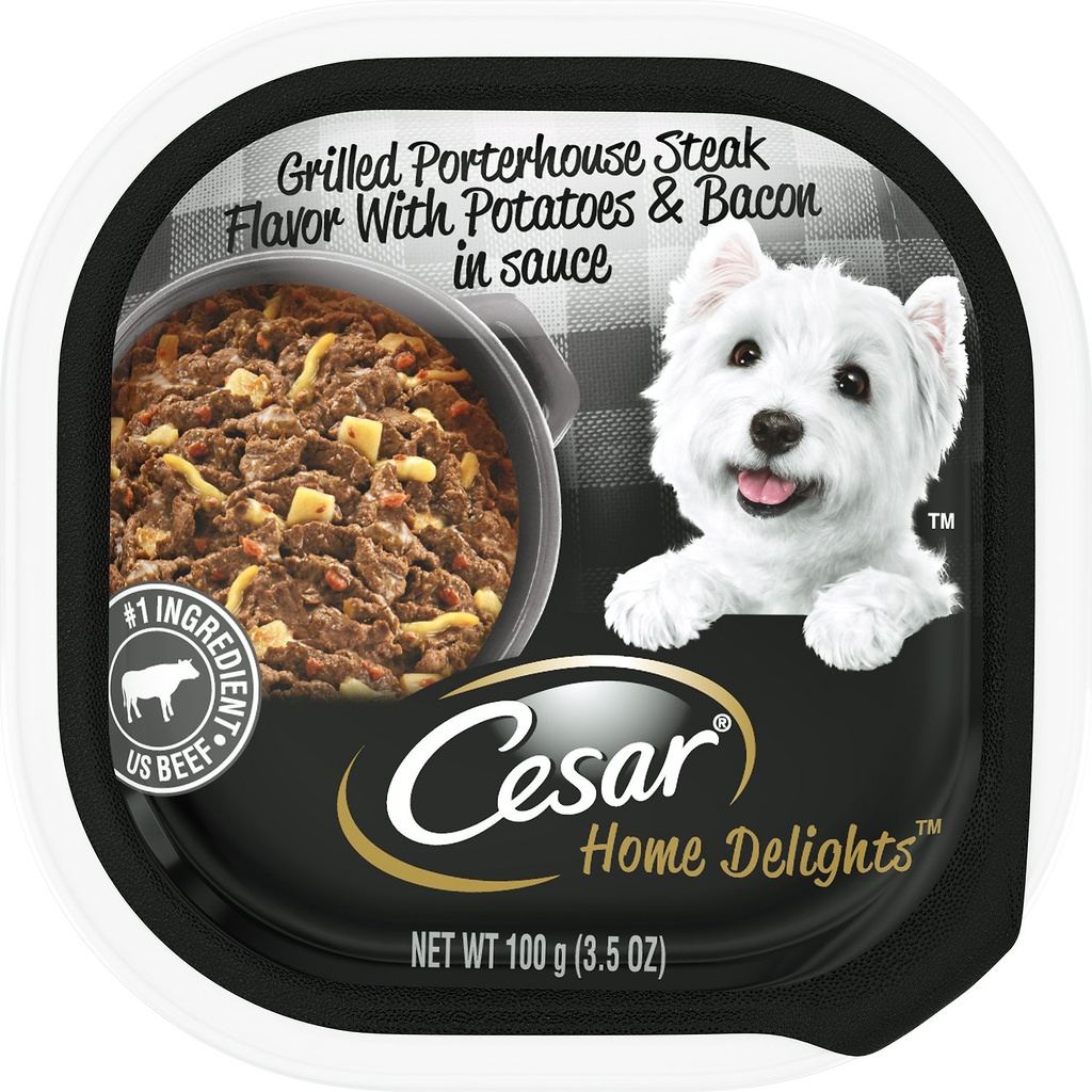 Cesar Home Delights Grilled Porterhouse Steak Flavor with Potatoes &amp; Bacon in Sauce Case of 24 Wet Dog Food Trays 100g