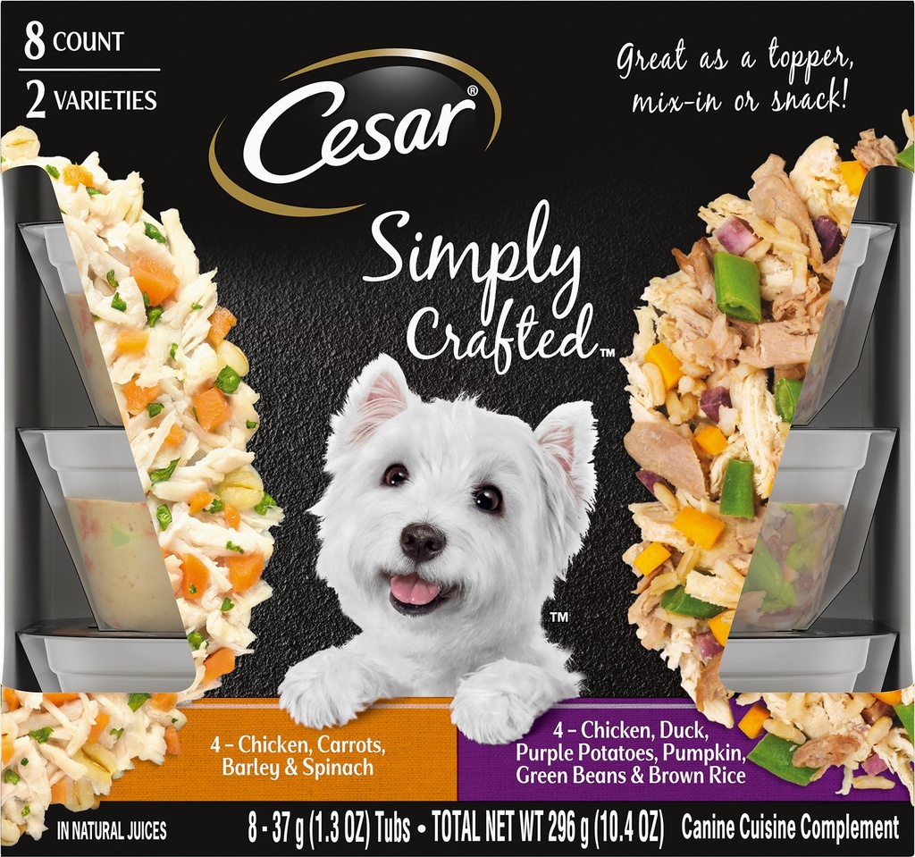 Cesar Simply Crafted Chicken, Duck, Purple Potatoes, Pumpkin, Green Beans &amp; Brown Rice &amp; Chicken, Carrots, Barley &amp; Spinach Variety Pack of 16 Wet Dog Food Meal Topper 296g