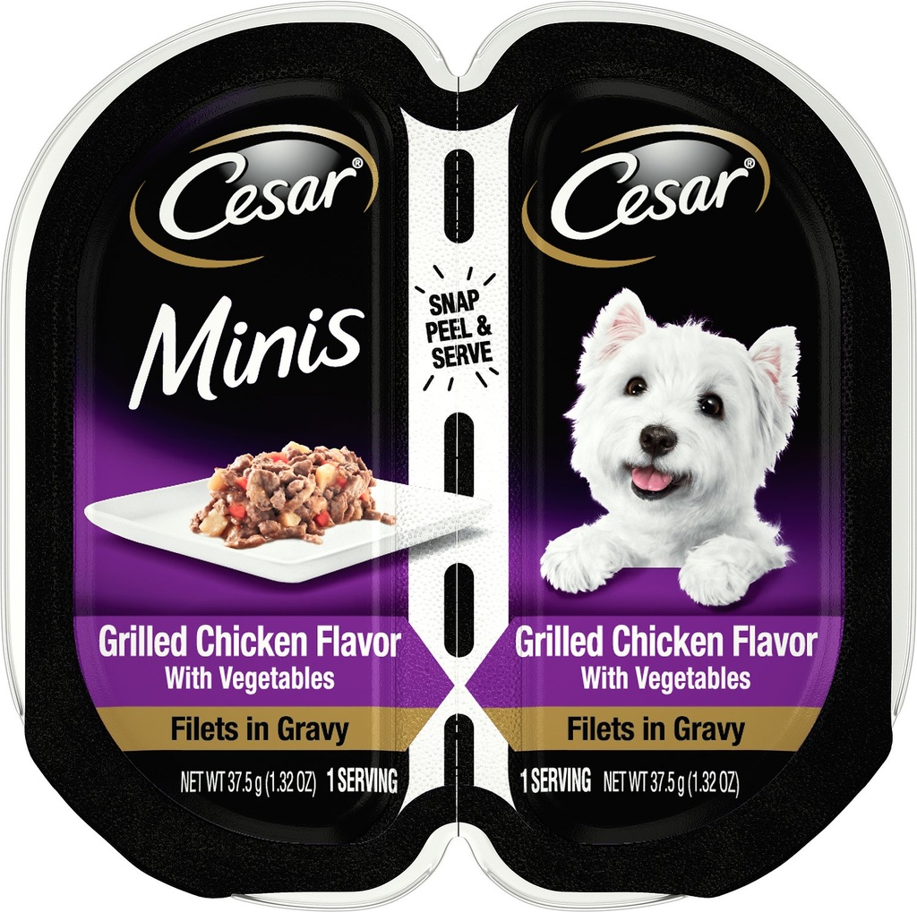 Cesar Minis Grilled Chicken Flavor with Vegetables Filets in Gravy Case of 24 Wet Dog Food Trays 37.5g