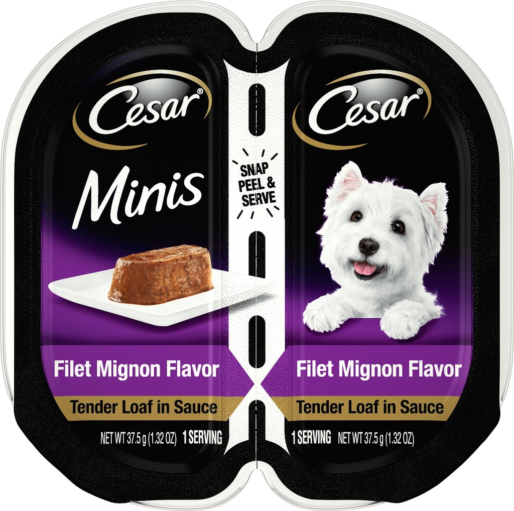 Cesar Minis Filet Mignon Flavor Tender Loaf in Sauce Case of 24 Wet Dog Food Trays 37.5g