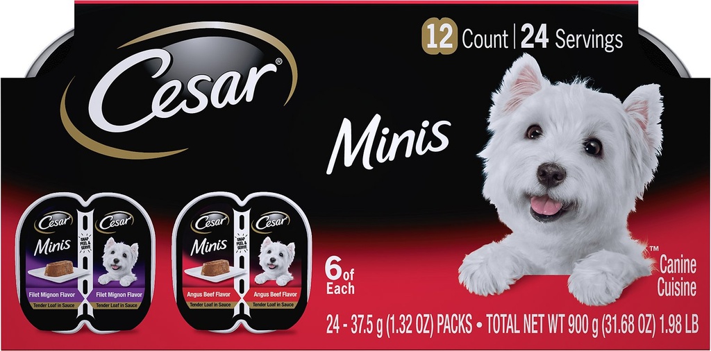 Cesar Minis Filet Mignon Flavor &amp; Angus Beef Flavor Tender Loaf in Sauce Variety Pack of 12 Wet Dog Food Trays 900g