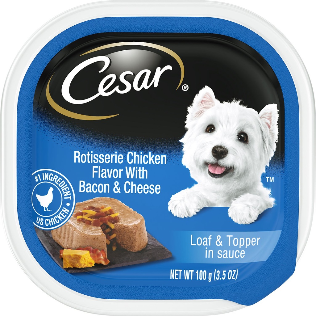 Cesar Loaf &amp; Topper in Sauce Rotisserie Chicken Flavor with Bacon &amp; Cheese Case of 24 Wet Dog Food Trays 100g