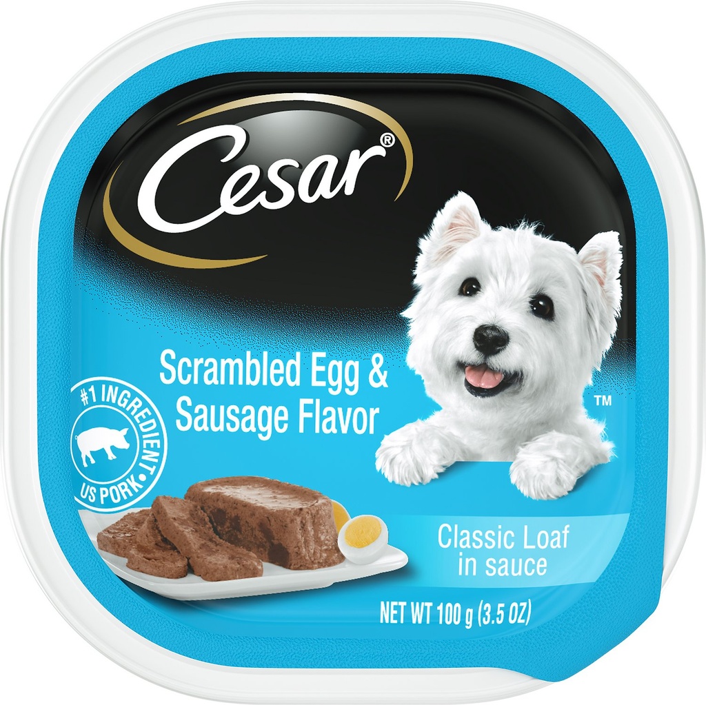 Cesar Classic Loaf in Sauce Scrambled Egg &amp; Sausage Flavor Case of 24 Wet Dog Food Trays 100g