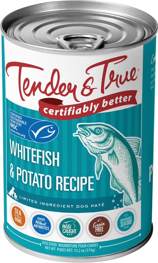 Tender &amp; True Limited Ingredient Ocean Whitefish &amp; Potato Recipe Grain-Free Case of 12 Canned Dog Food 374g