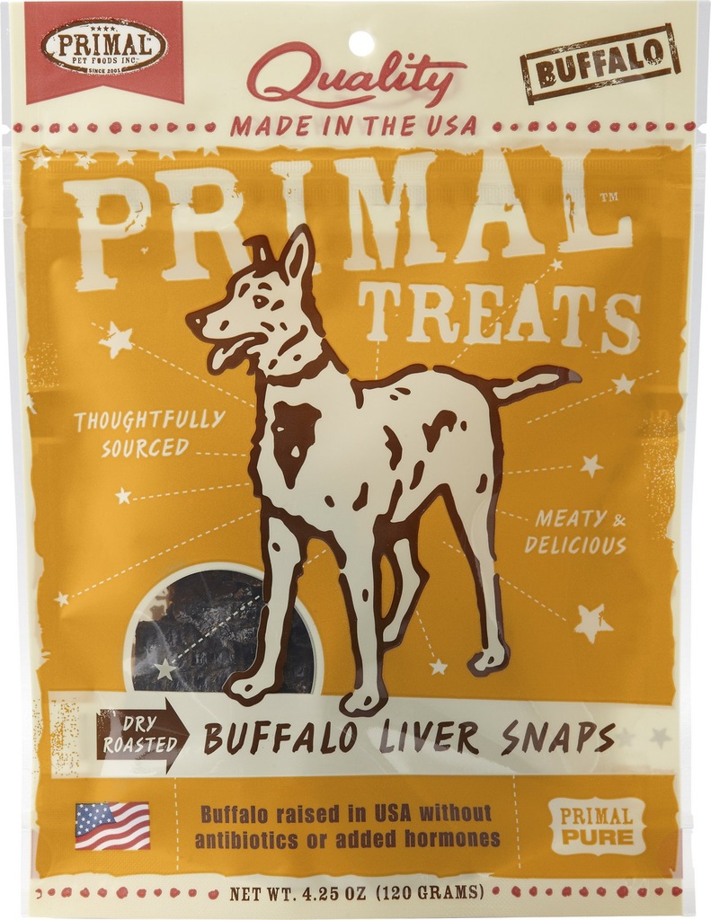 PRIMAL Buffalo Liver Snaps Dry Roasted Dog Treats 120g