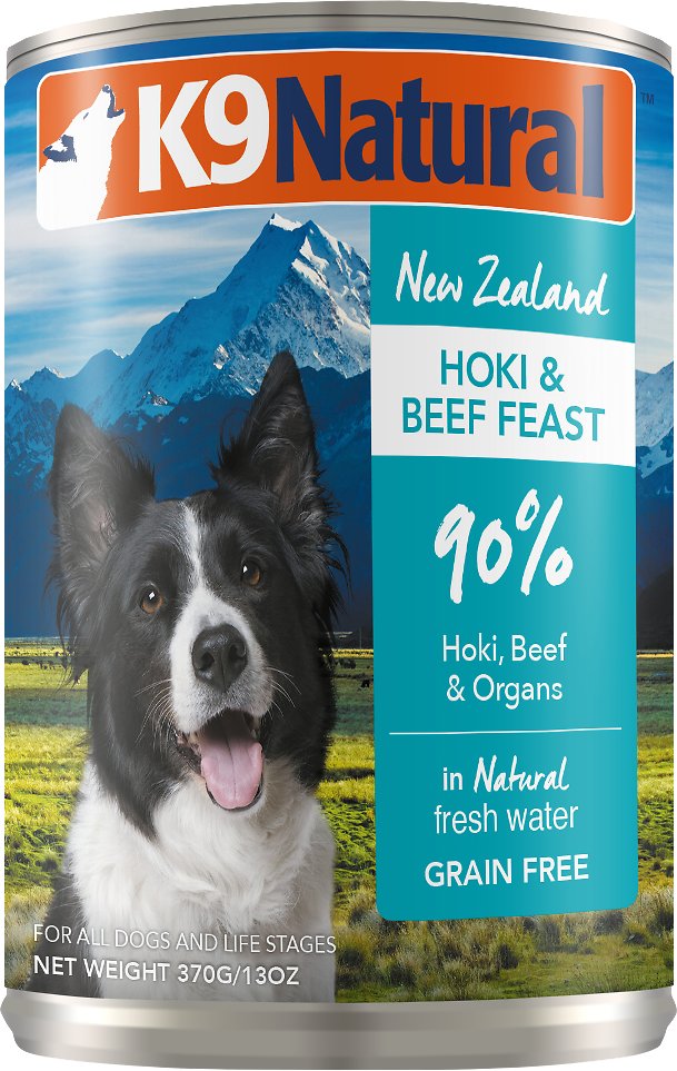 K9 NATURAL Hoki &amp; Beef Grain Free Case of 12 Wet Canned Dog Food 370g