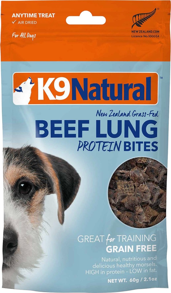 K9 NATURAL Beef Lung Protein Bites Grain-Free Air-Dried Dog Treats 60g