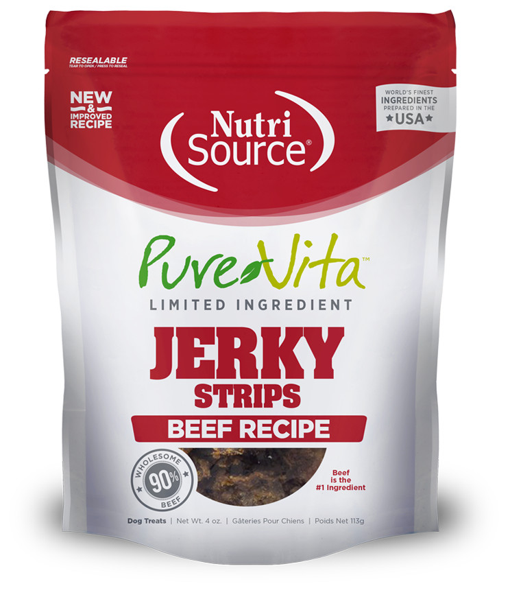 NUTRI SOURCE PUREVITA Jerky Strips Beef Recipe Limited Ingredient Dog Treats 113g