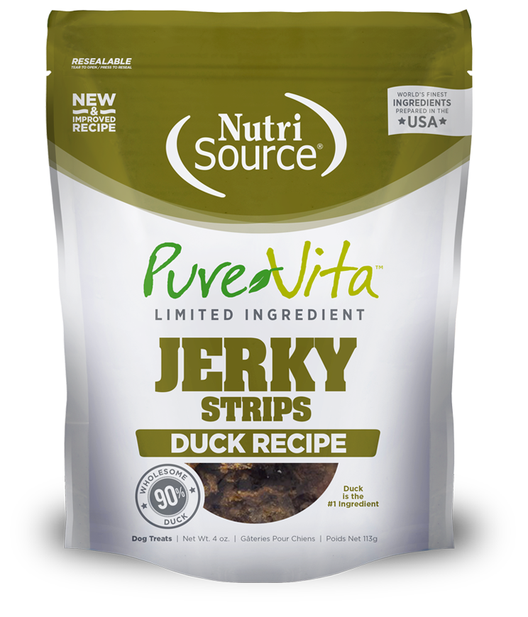 NUTRI SOURCE PUREVITA Jerky Strips Duck Recipe Limited Ingredient Dog Treats 113g