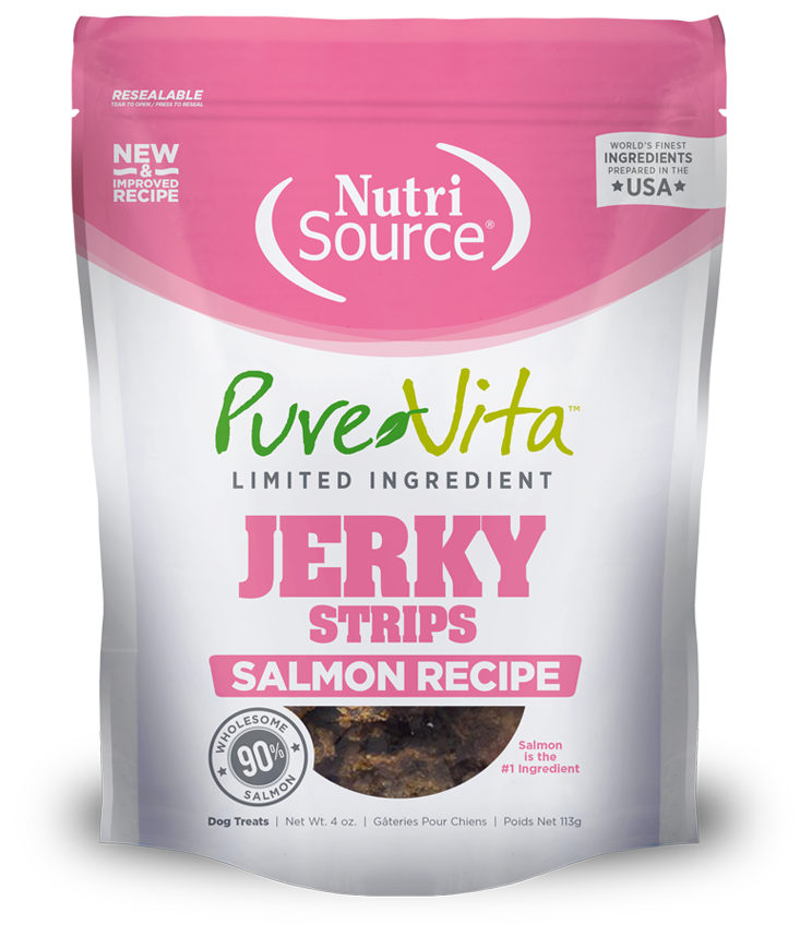 NUTRI SOURCE PUREVITA Jerky Strips Salmon Recipe Limited Ingredient Dog Treats 113g