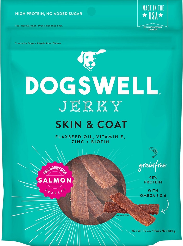 DOGSWELL Jerky Skin &amp; Coat Salmon Recipe Grain-Free Dog Treats, 284g