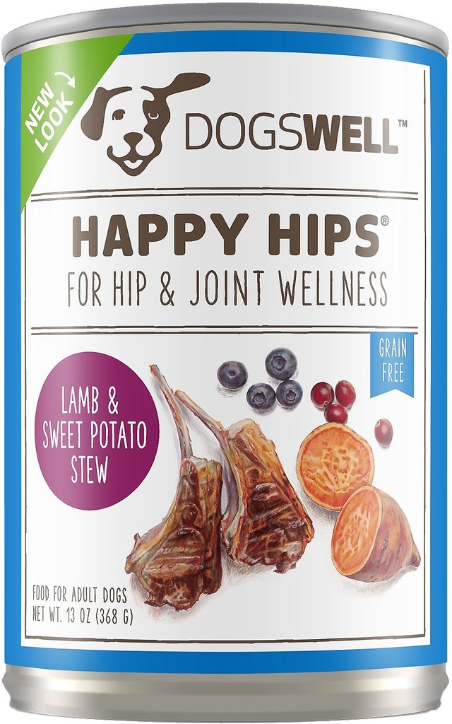 DOGSWELL Happy Hips Lamb &amp; Sweet Potato Stew Recipe Grain-Free Case of 12 Wet Canned Dog Food 368g