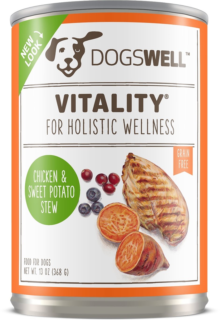 DOGSWELL Vitality Chicken &amp; Sweet Potato Stew Recipe Grain-Free Case of 12 Wet Canned Dog Food 368g