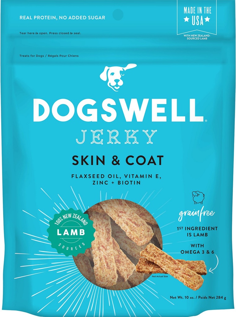 DOGSWELL Jerky Skin &amp; Coat Lamb Recipe Grain-Free Dog Treats 284g