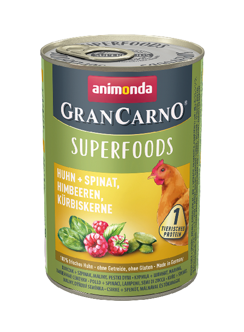 ANIMONDA GRANCARNO - SUPERFOODS CHICKEN + SPINACH, RASPBERRIES, PUMPKIN SEEDS CASE OF 6 WET CANNED DOG FOOD 400g