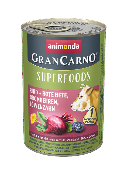 ANIMONDA GRANCARNO - SUPERFOODS BEEF + BEETROOT, BLACKBERRIES, DANDELION CASE OF 6 WET CANNED DOG FOOD 400g